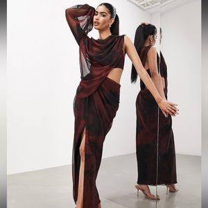 ASOS one-sleeve draped asymmetric Grecian maxi dress in dark red blurred floral